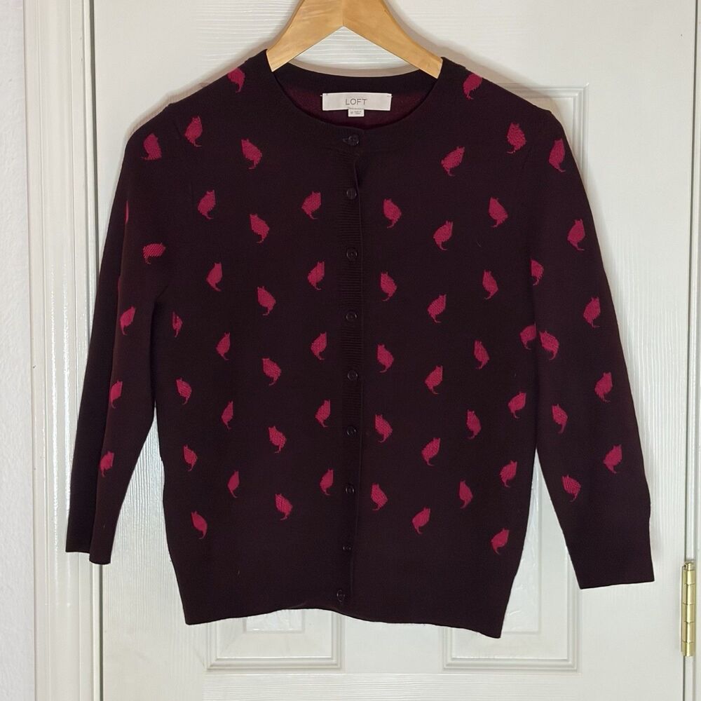 Ann Taylor Loft Maroon Pink Novelty Cat Print Cardigan Sweater Women’s Medium